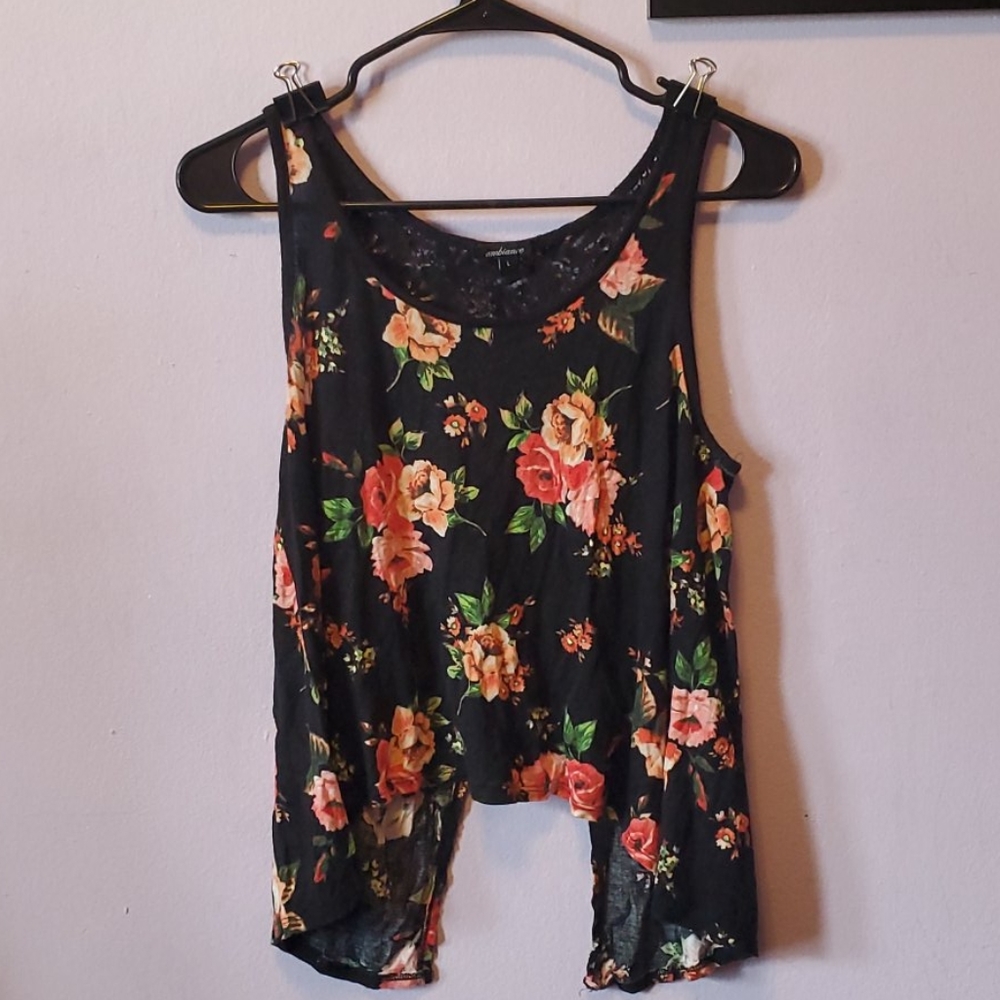 Women Tank Top Black Floral Lace Sleeveless Scoop Neck Slit Back Size L